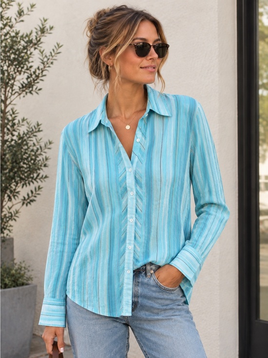 LOFT Tops - Ann Taylor LOFT 100% Cotton Blue and Aqua Striped Button-Down Shirt